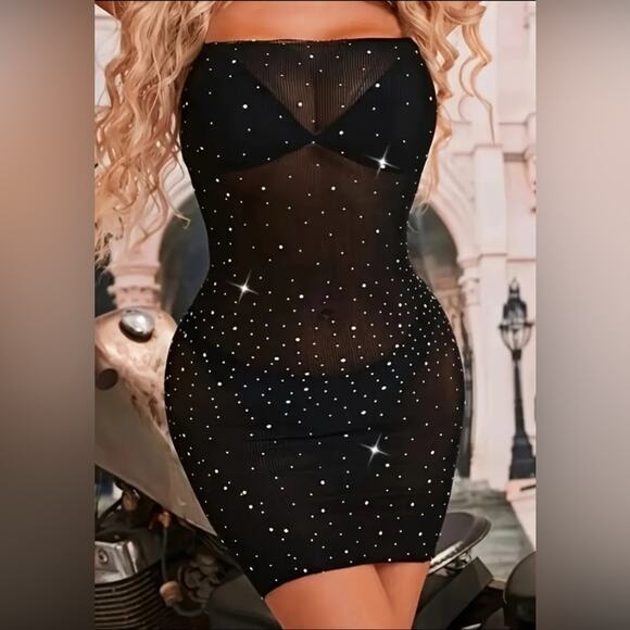 HOT! Intimates! Rhinestones Mesh Sheer Black Mesh Dress w Choker OS - Picture 7 of 7